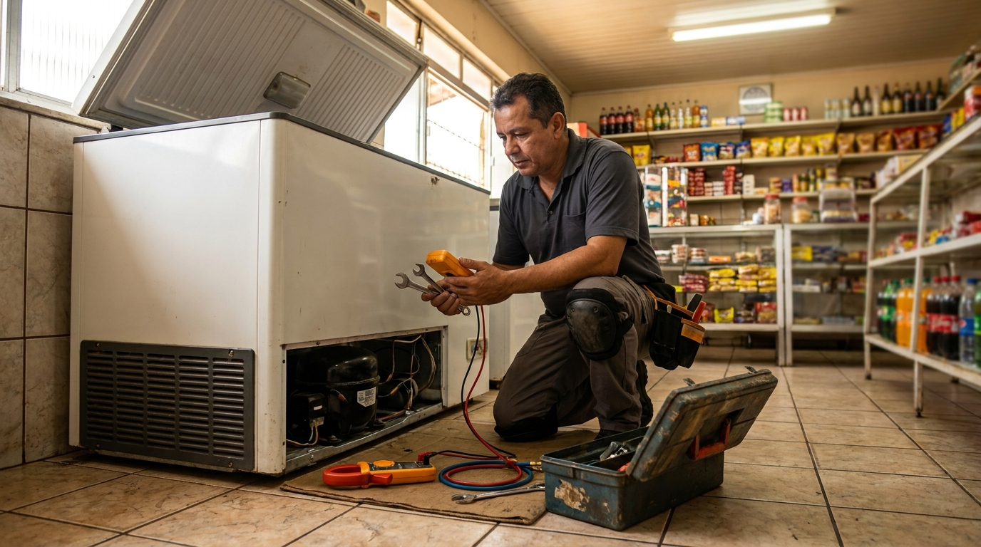 Técnico realizando manutenção de motor de freezer no Centro, Osasco‑SP