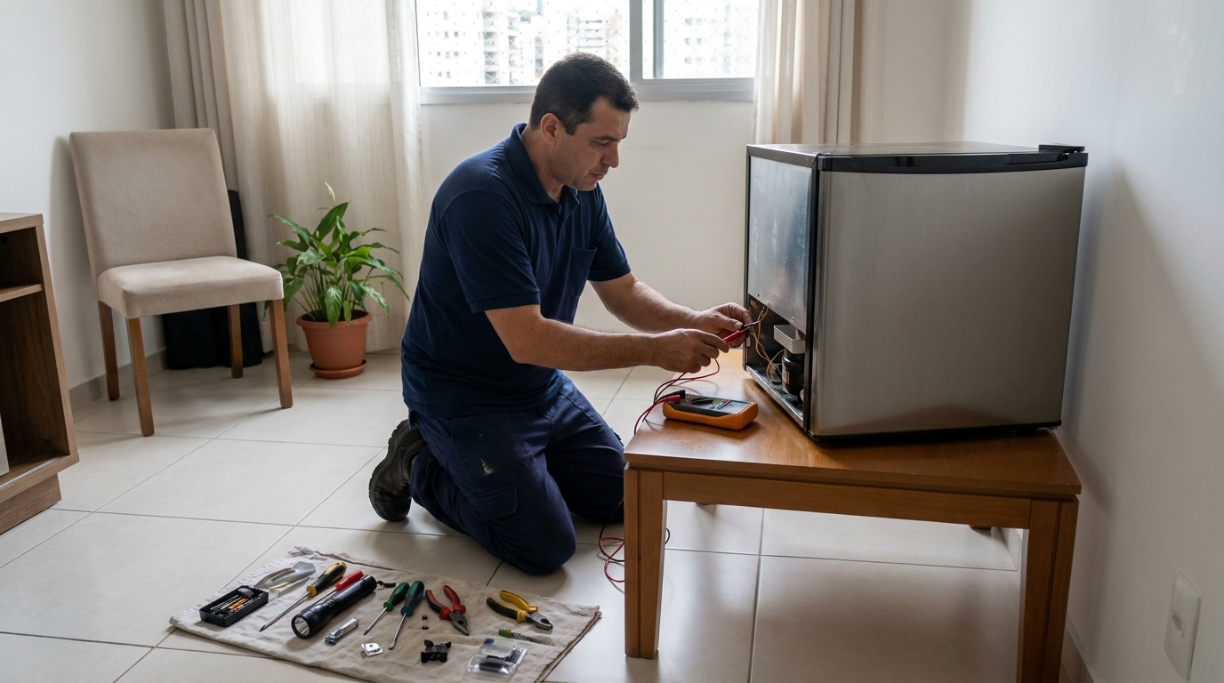 Técnico realizando manutenção de motor de frigobar na Adalgisa, Osasco‑SP