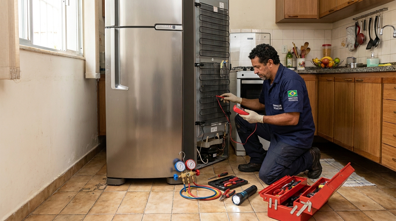 Técnico realizando manutenção de motor de geladeira na Conceição, Osasco‑SP