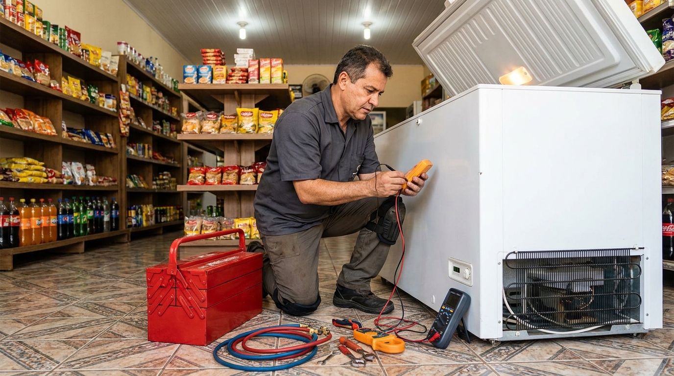 Recarga de gás refrigerante em freezer em atendimento no Centro, Osasco‑SP
