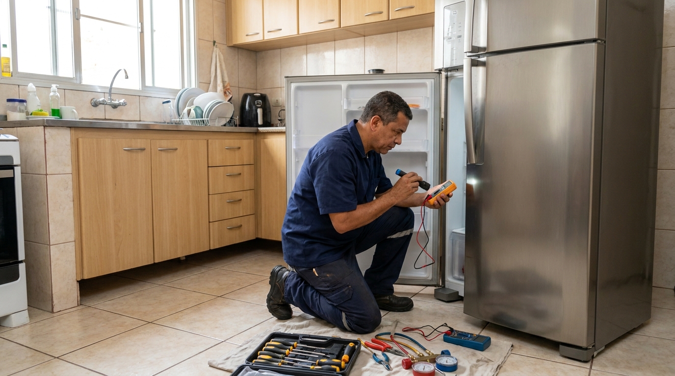 Recarga de gás refrigerante de geladeira em atendimento na Conceição, Osasco‑SP