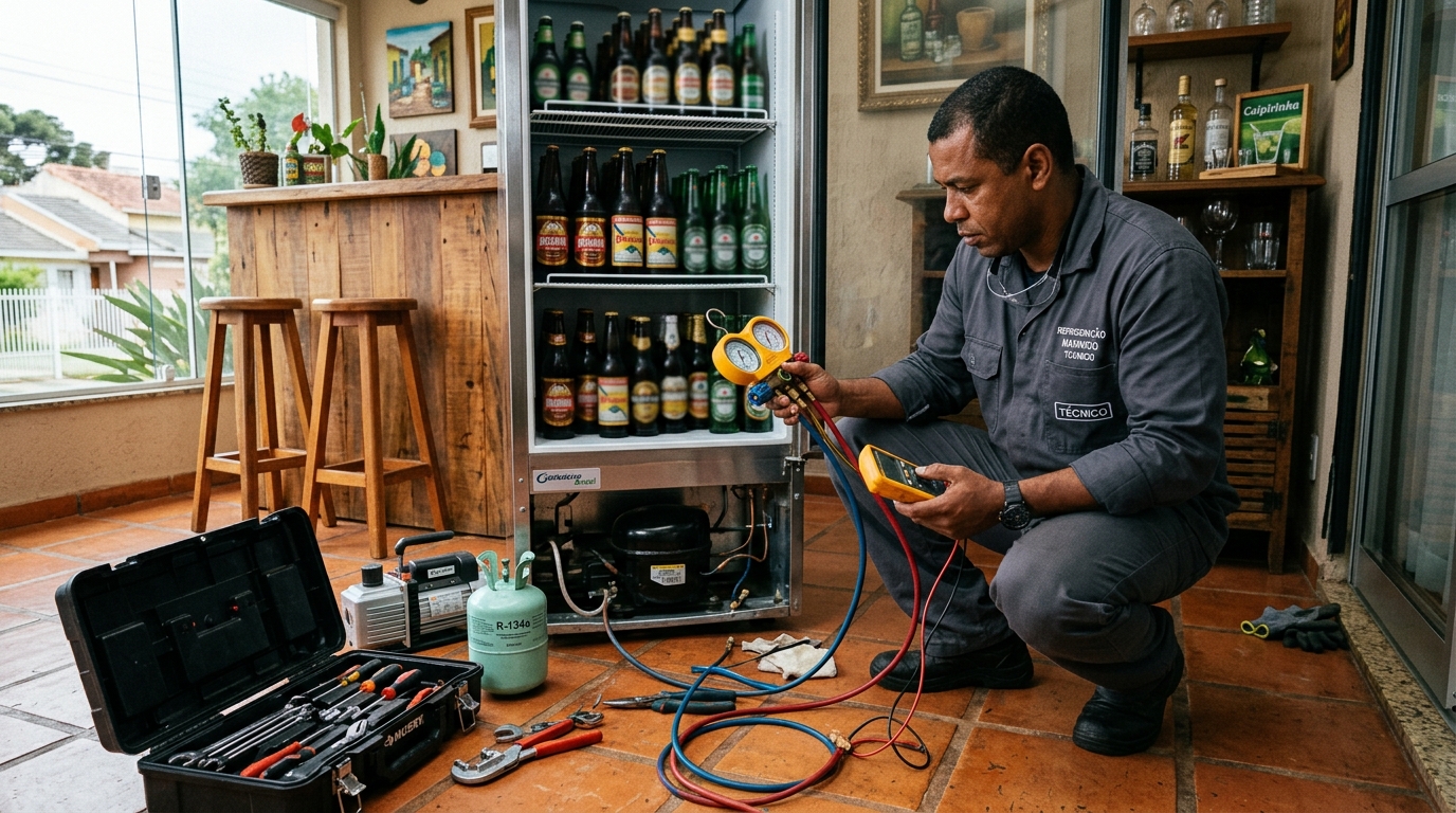 Técnico de conserto de cervejeira em residência no IAPI, Osasco‑SP