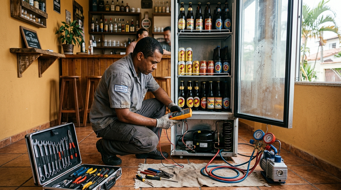 Troca de termostato de cervejeira em atendimento técnico no IAPI, Osasco‑SP